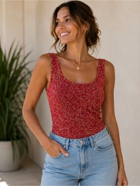 Arianne Red Tank with Gold Swirl Accent